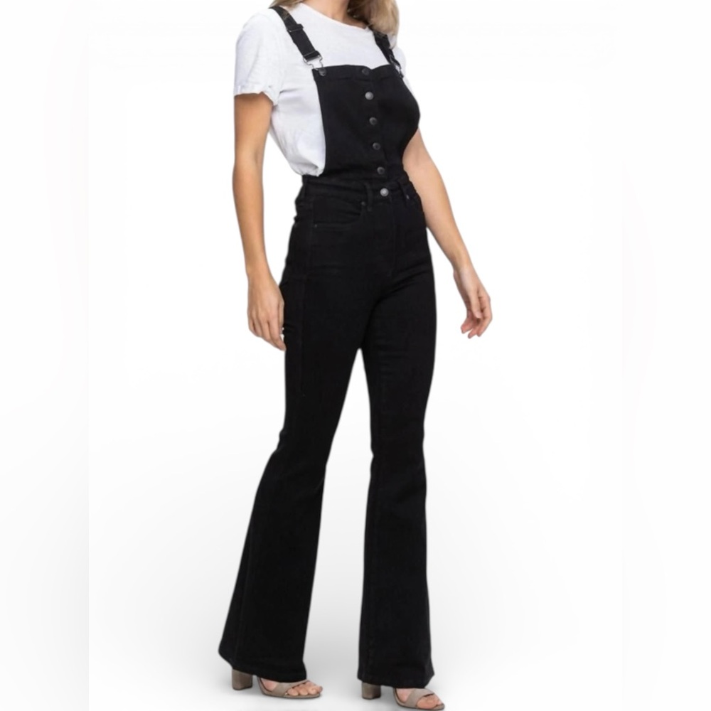 Judy Blue Tummy Control Retro Flare Black Overalls Denim Jumpsuit Size Large - Picture 13 of 16